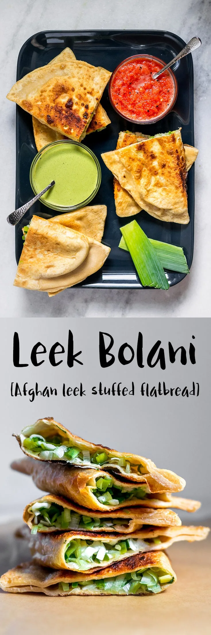Leek Bolani are a delicious oniony and peppery stuffed flatbread from Afghanistan. They're easy to make and perfect to serve as a snack or appetizer alongside some chutney for dipping. | thecuriouschickpea.com #vegan #Afghanfood