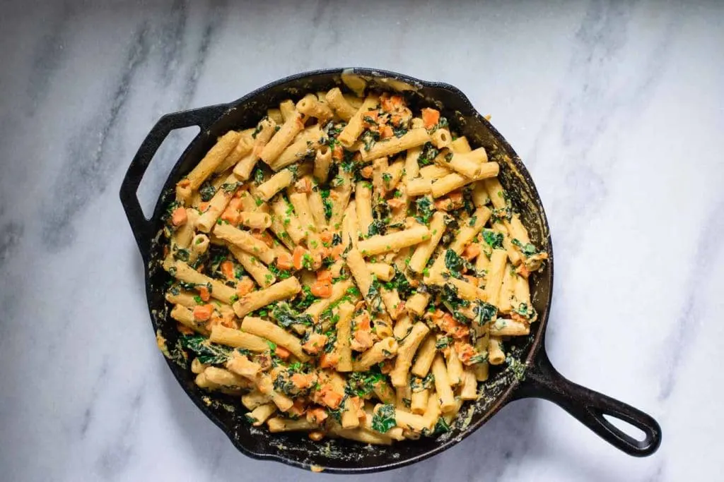 vegan tahini pasta skillet with sweet potato and kale