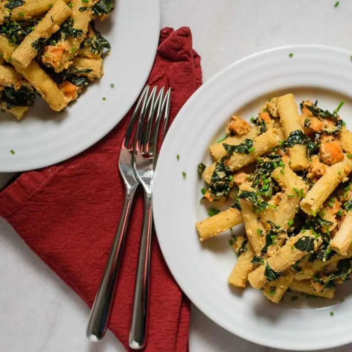 vegan tahini pasta skillet with sweet potato and kale