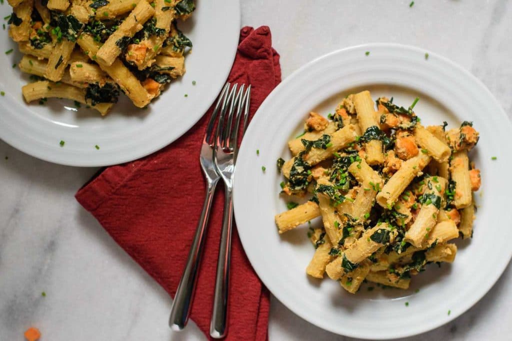 vegan tahini pasta skillet with sweet potato and kale