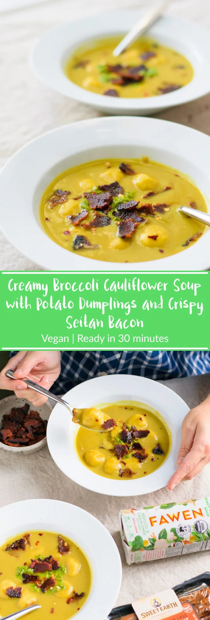 Creamy Broccoli Cauliflower Soup with Potato Dumplings and Crispy Seitan Bacon | Lusciously creamy broccoli and cauliflower soup with tender potato dumplings topped with crispy vegan bacon and a swirl of nut-free basil pistou. | thecuriouschickpea.com #vegan #sponsored