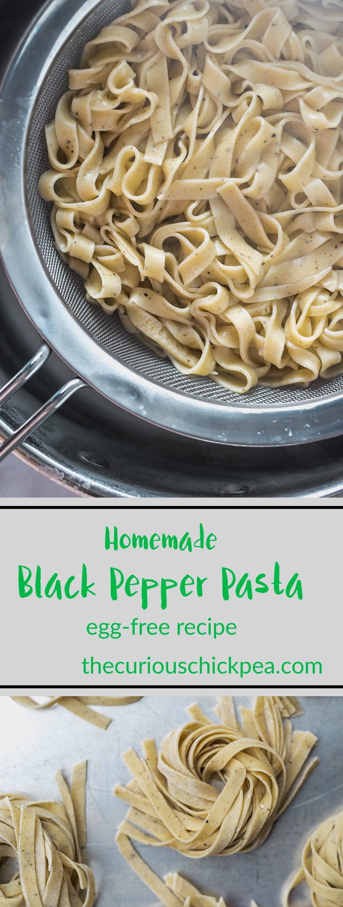 Homemade Black Pepper Pasta | Egg-Free, Vegan. This easy homemade pasta is made vegan with aquafaba instead of eggs. Black pepper makes the pasta extra tasty, and it cooks up toothsome and delicious! | thecuriouschickpea.com #vegan #pasta #homemade