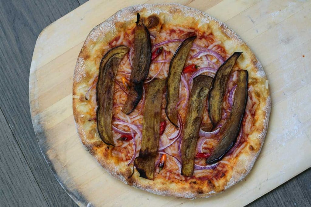 vegan curried eggplant pizza