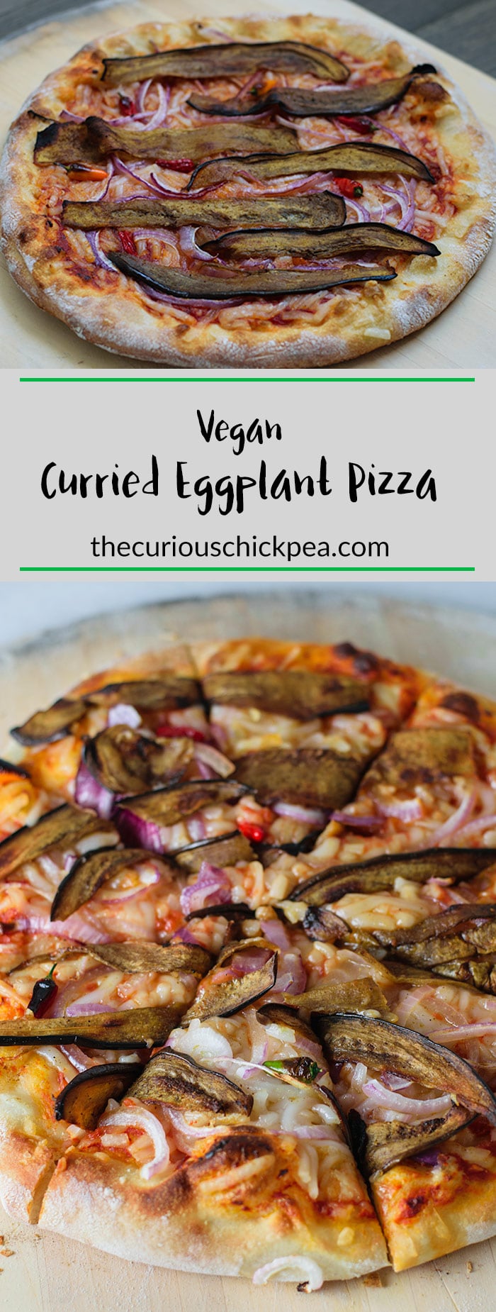 Vegan Curried Eggplant Pizza | This cheesy pizza is topped with sweet red onions, spicy hot chile peppers, and delicious crispy slices of curry marinated eggplant. | thecuriouschickpea.com #vegan #veganpizza #pizza #curry