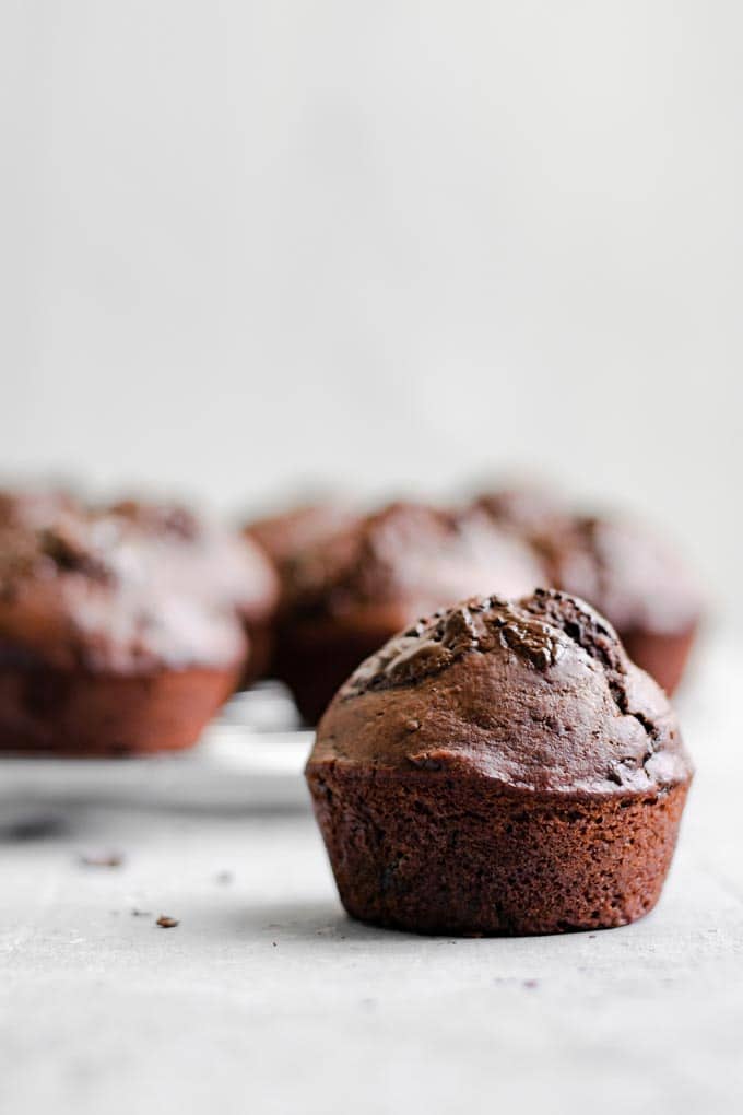 side view of a double chocolate banana muffin