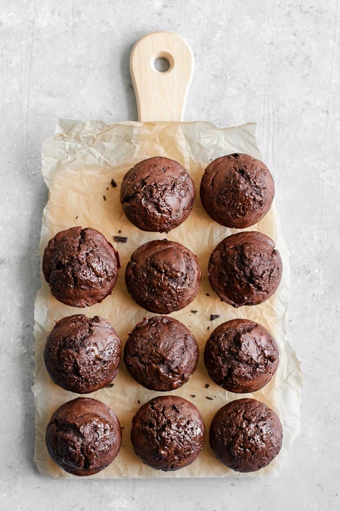 overhead view of double chocolate banana muffins