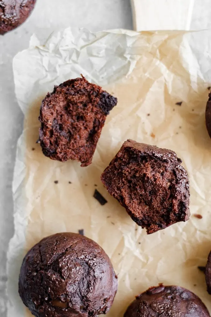 double chocolate banana muffin split in half