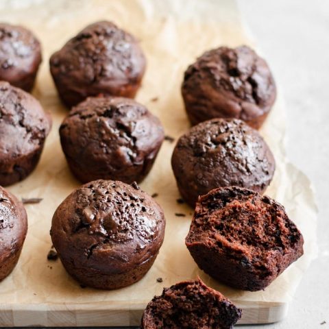 detail shot of the crumb of the double chocolate banana muffins