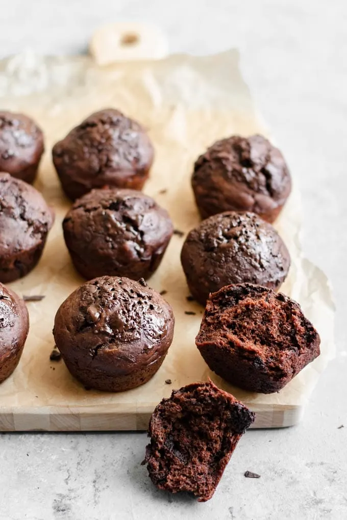 detail shot of the crumb of the double chocolate banana muffins