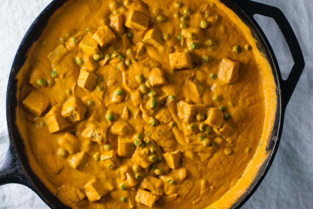 vegan mattar tofu paneer in pan