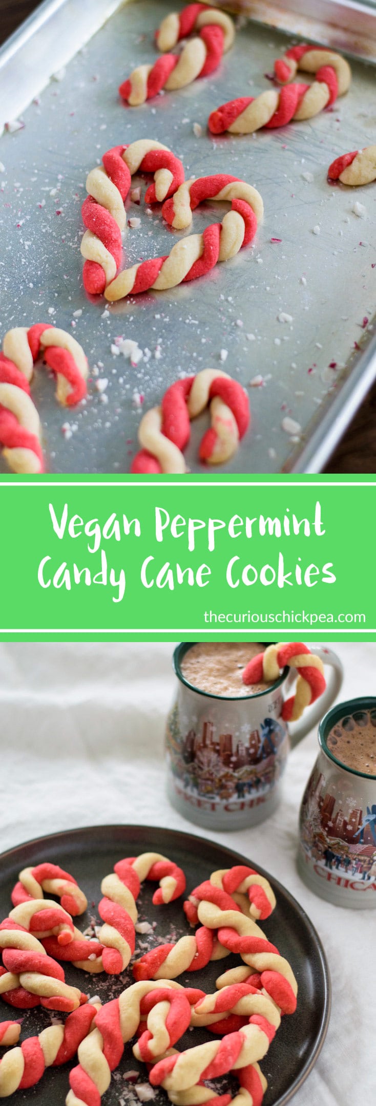 Vegan Peppermint Candy Cane Cookies | These subtly minty vegan cookies are shaped to look like candy canes, & are the perfect balance of tender, chewy, and crisp. The perfect holiday cookie! | thecuriouschickpea.com #vegan #cookies
