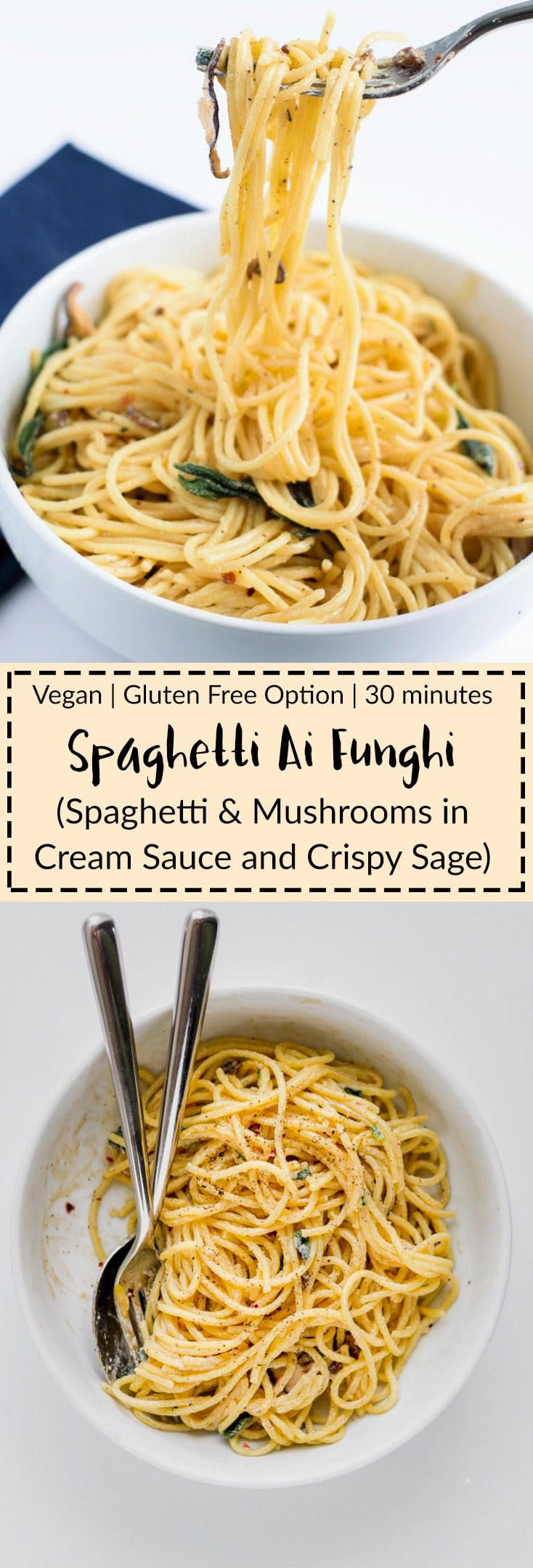 Spaghetti ai Funghi | Spaghetti is tossed in a light cream sauce with caramelized mushrooms, and served with crispy fried sage and lots of freshly ground black pepper. Vegan with a gluten free option. Ready in 30 minutes. | thecuriouschickpea.com #vegan #pasta