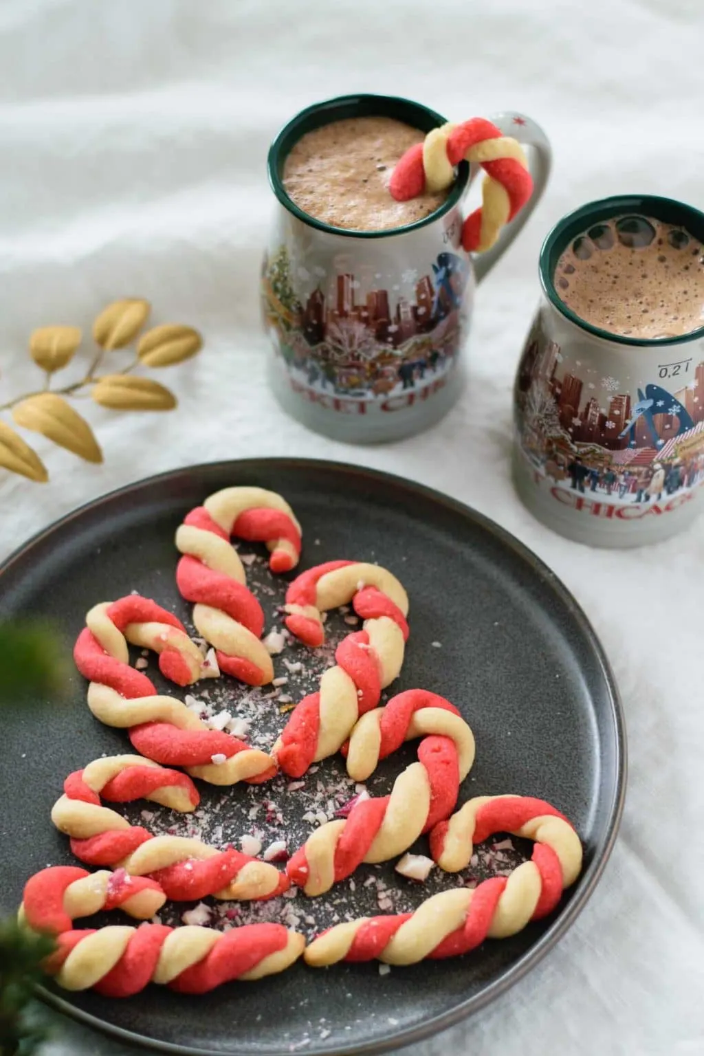 vegan peppermint candy cane cookies with hot chocolate
