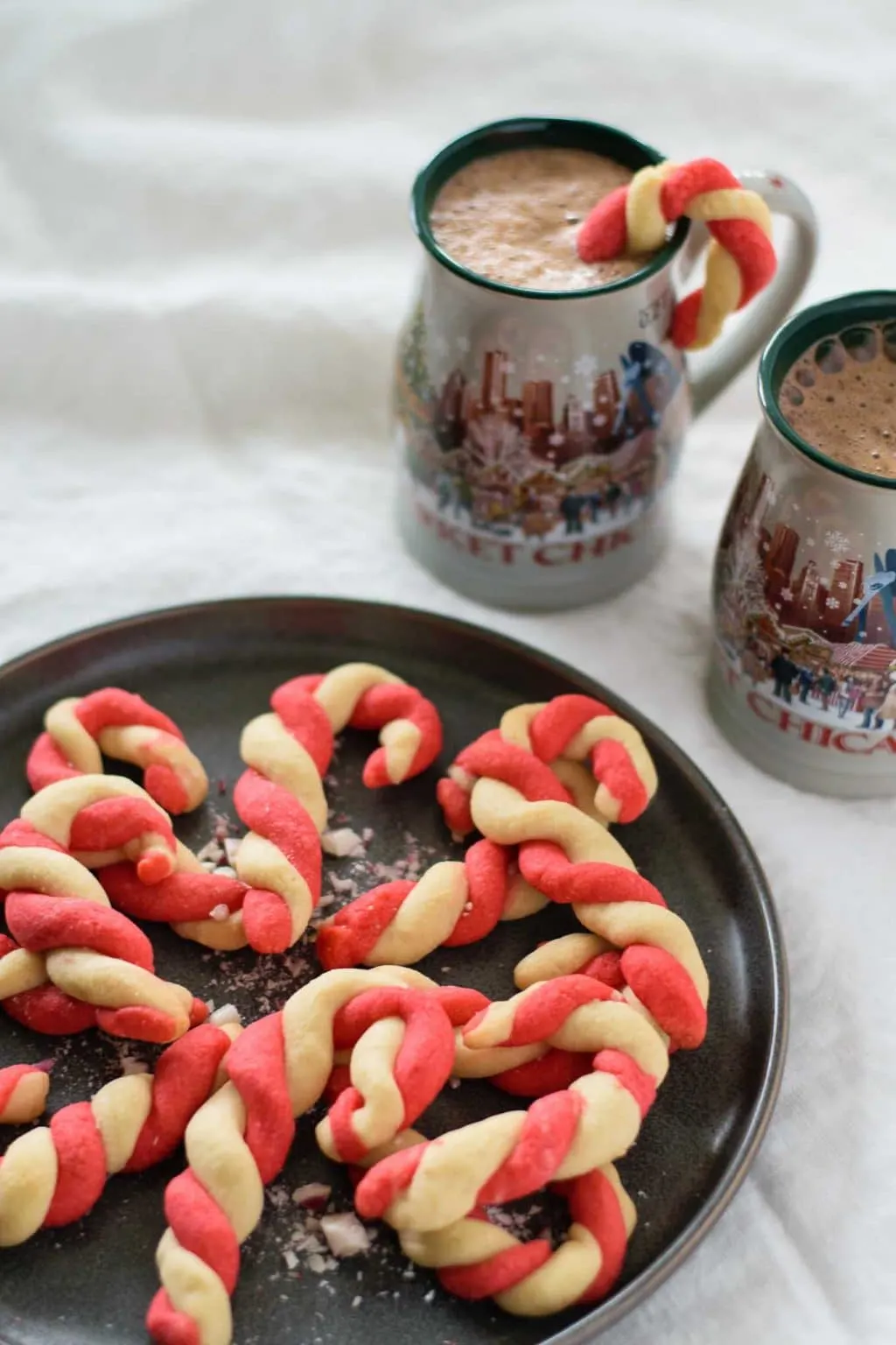 vegan peppermint candy cane cookies with hot chocolate