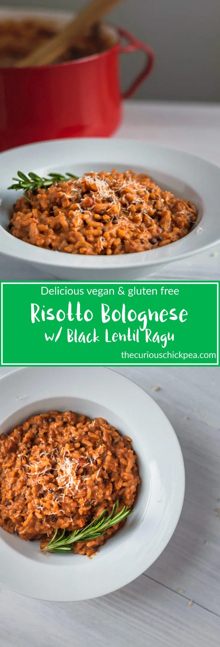 Risotto Bolognese | Vegan, Gluten Free. Creamy risotto is stuffed full of homemade black lentil bolognese sauce for a delicious, rich tasting entree. | thecuriouschickpea.com #vegan #risotto