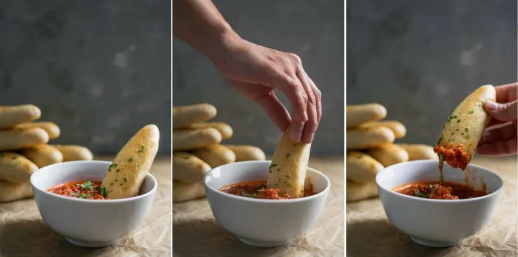 quick and easy homemade breadsticks with spicy marinara sauce for dipping