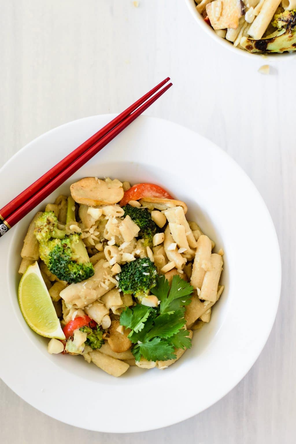 green curry noodles with broccoli and mushrooms