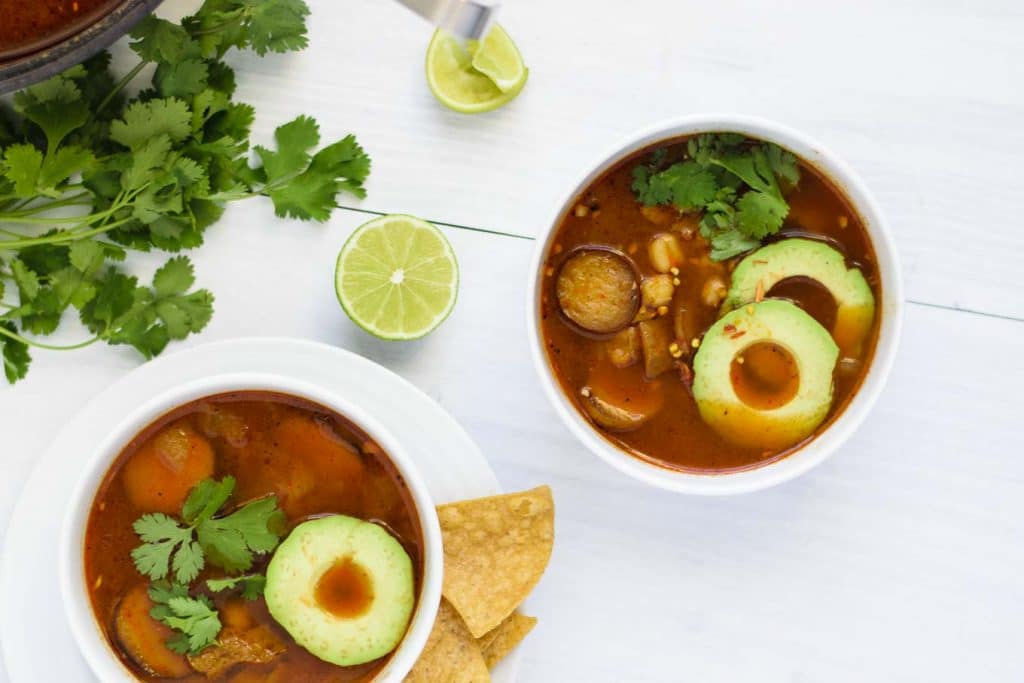 seared seitan mushroom pozole rojo