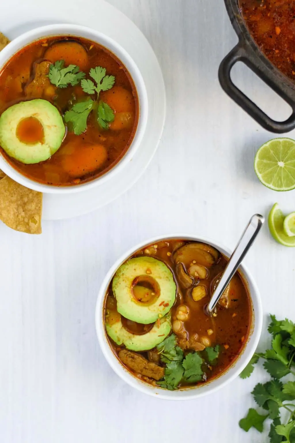 seared seitan mushroom pozole rojo