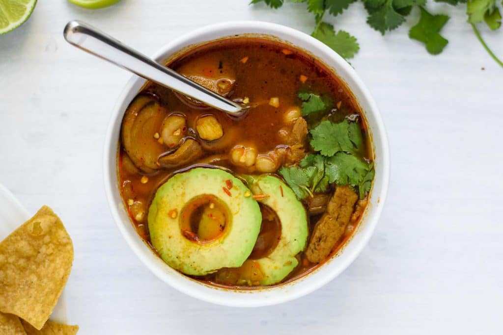 seared seitan mushroom pozole rojo