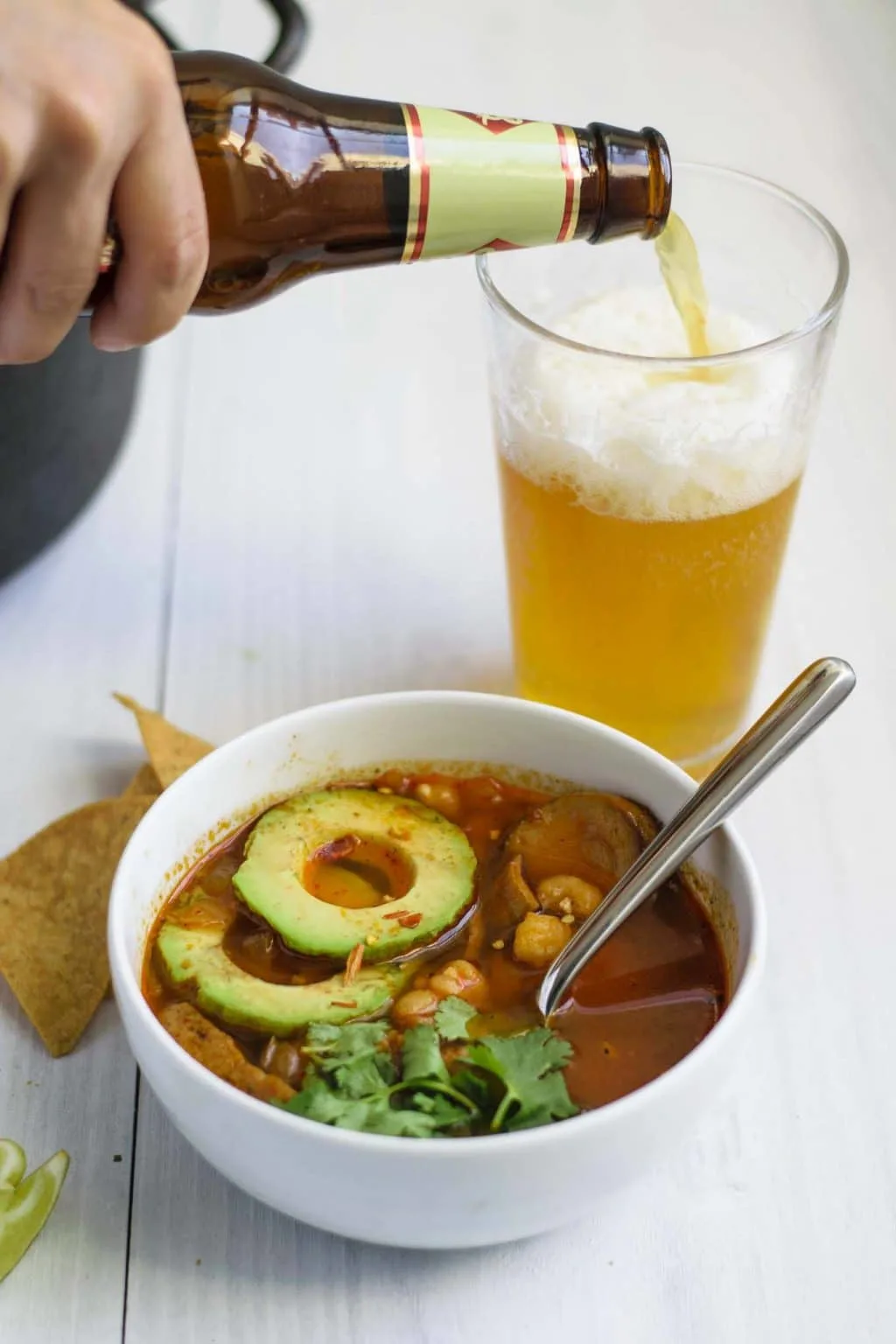 seared seitan mushroom pozole rojo