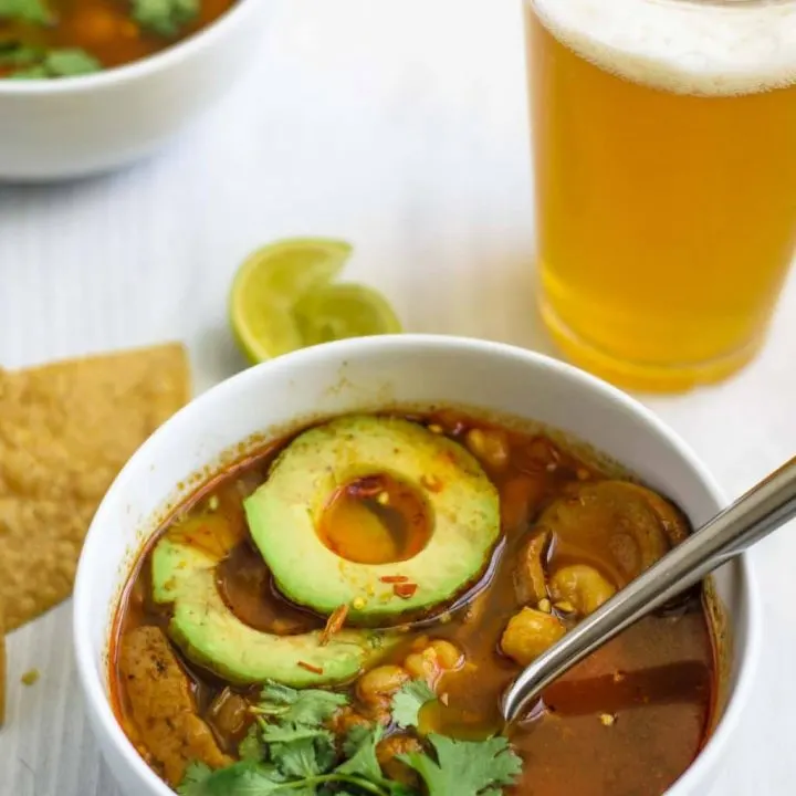 seared seitan mushroom pozole rojo