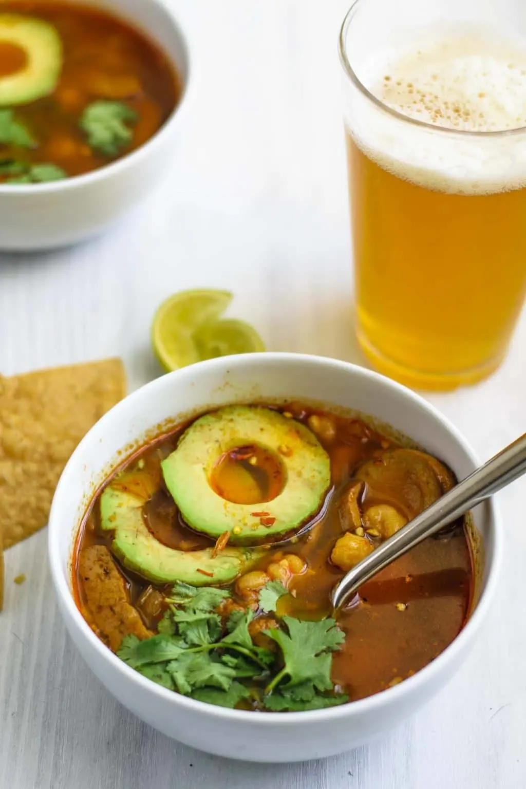 seared seitan mushroom pozole rojo