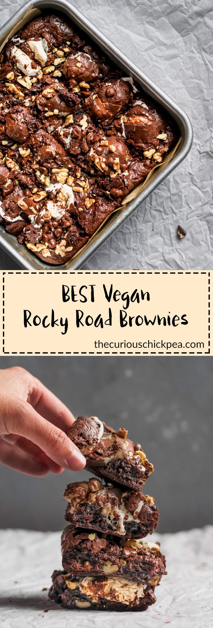 BEST Vegan Rocky Road Brownies | The search for the perfect vegan brownie stops here. They're extra delicious and decadent when stuffed with chopped walnuts, chocolate chips, and vegan marshmallows for a rocky road rendition, but can also be made pure with no add-ins. And might I suggest serving a la mode with a scoop of your favorite vegan ice cream? | thecuriouschickpea.com #vegan #brownies