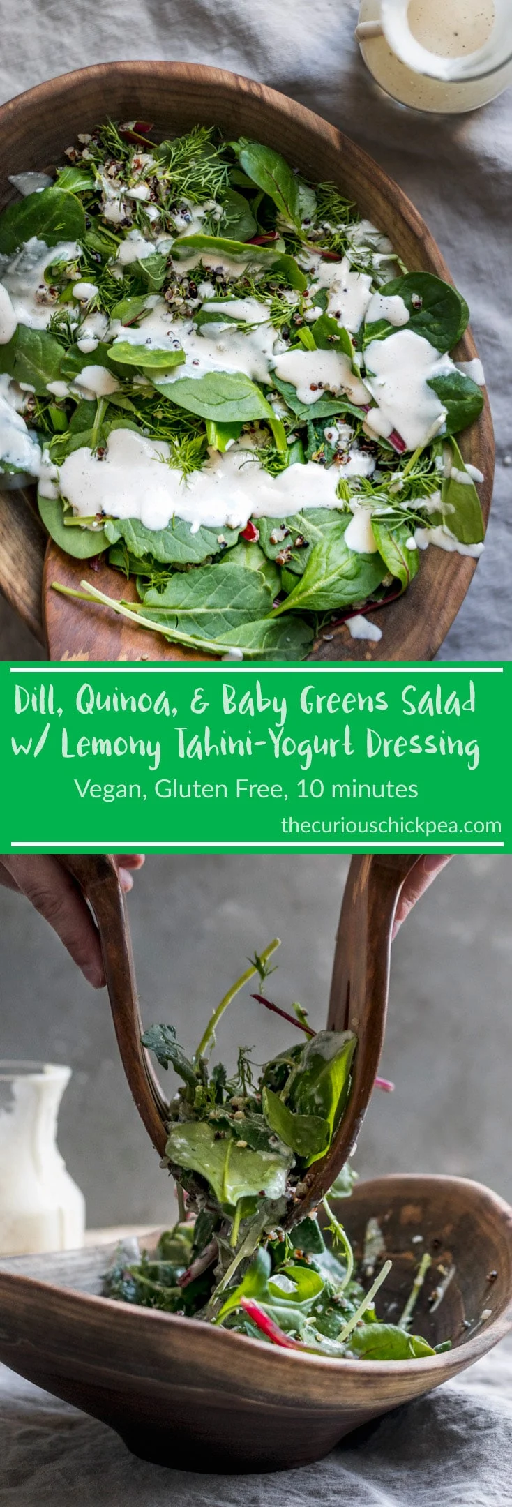 Dill, Quinoa, and Baby Greens Salad with Creamy Lemon Tahini-Yogurt Dressing | vegan, gluten free, ready in 10 minutes. This salad makes for a delicious light meal or the perfect side salad. | thecuriouschickpea.com #vegan #recipe