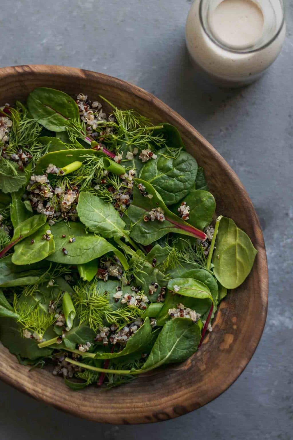 Quinoa Dill and Baby Greens Salad with Creamy Lemon Tahini-Yogurt Dressing