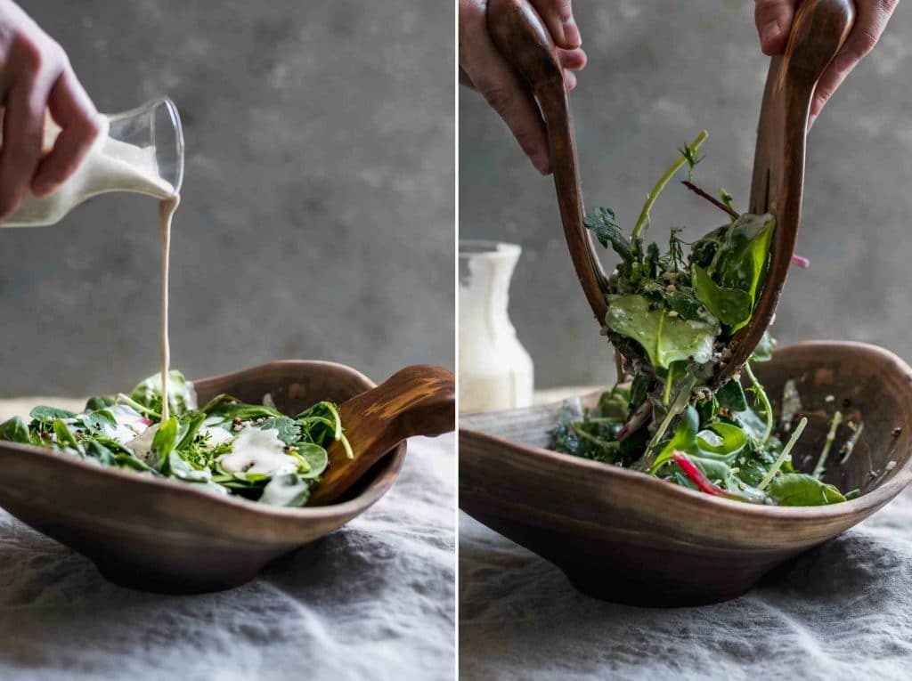 Quinoa Dill and Baby Greens Salad with Creamy Lemon Tahini-Yogurt Dressing