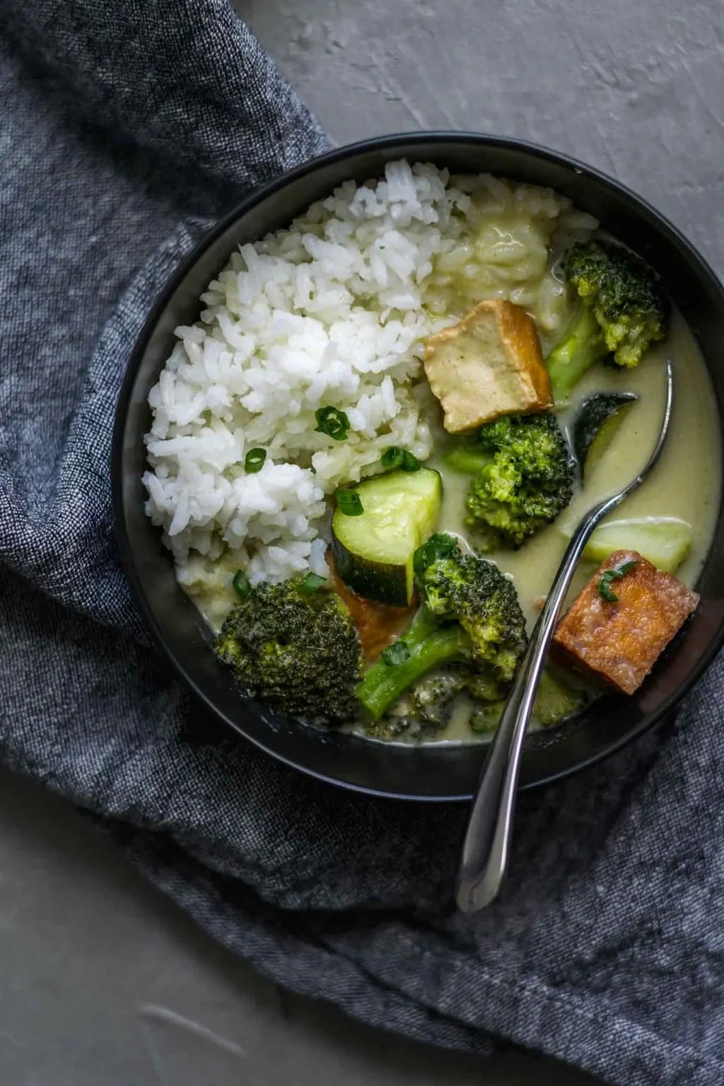 Vegan Thai Green Curry with Tofu, Broccoli, and Zucchini