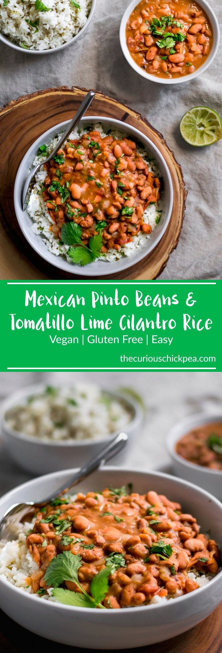 Mexican Pinto Beans & Tomatillo Cilantro Lime Rice | Pinto beans are cooked in the oven until tender and soft, then finished on the stovetop for flavorful, restaurant style, creamy beans. The rice is flavored with tomatillos, cilantro, and lime for the perfect tangy accompaniment | thecuriouschickpea.com #vegan #riceandbeans