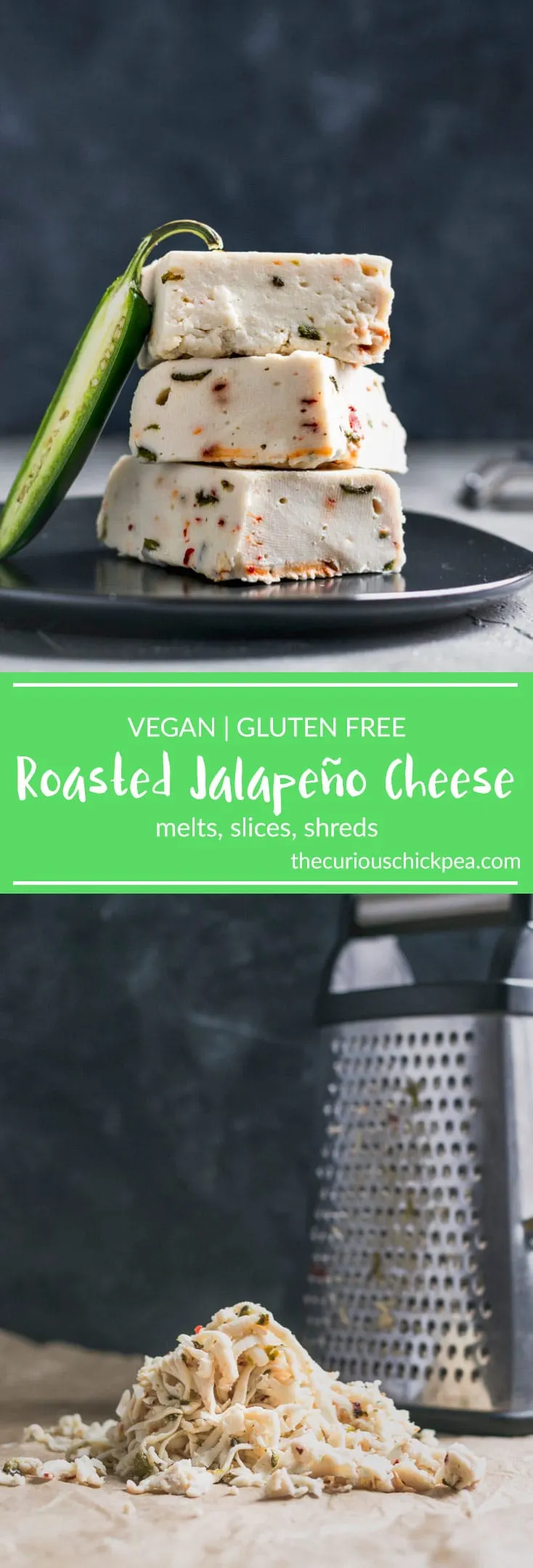 Roasted Jalapeño Cheese | Vegan, Gluten Free, Quick & Easy. Learn how to make this cashew-based cheese which melts to gooey, stretchy texture and is packed with delicious peppery roasted jalapeño flavor. | thecuriouschickpea.com