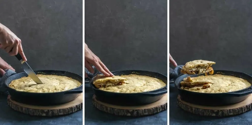 Cutting into the Vegan Chipotle Seitan Cheese Tamale Skillet Pie from the cast iron skillet and removing a slice