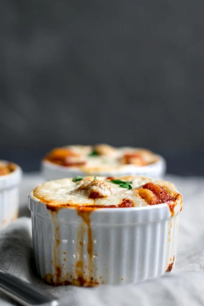 Baked Gnocchi with Arrabbiata and Vegan Mozzarella served in Ramekins