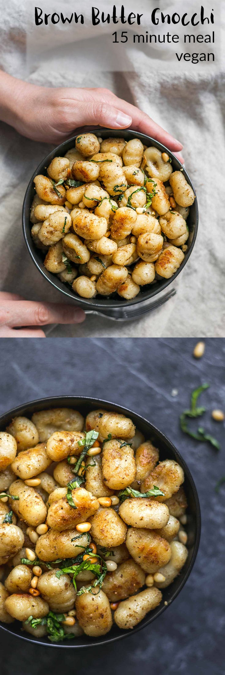 Vegan Brown Butter Gnocchi | Gnocchi are pan fried in vegan brown butter and tossed with dried sage, toasted pine nuts, and thinly sliced caramelized garlic in this delicious 8-ingredient and 15-minute meal. | thecuriouschickpea.com #vegan #Italian #gnocchi #pasta #veganpasta