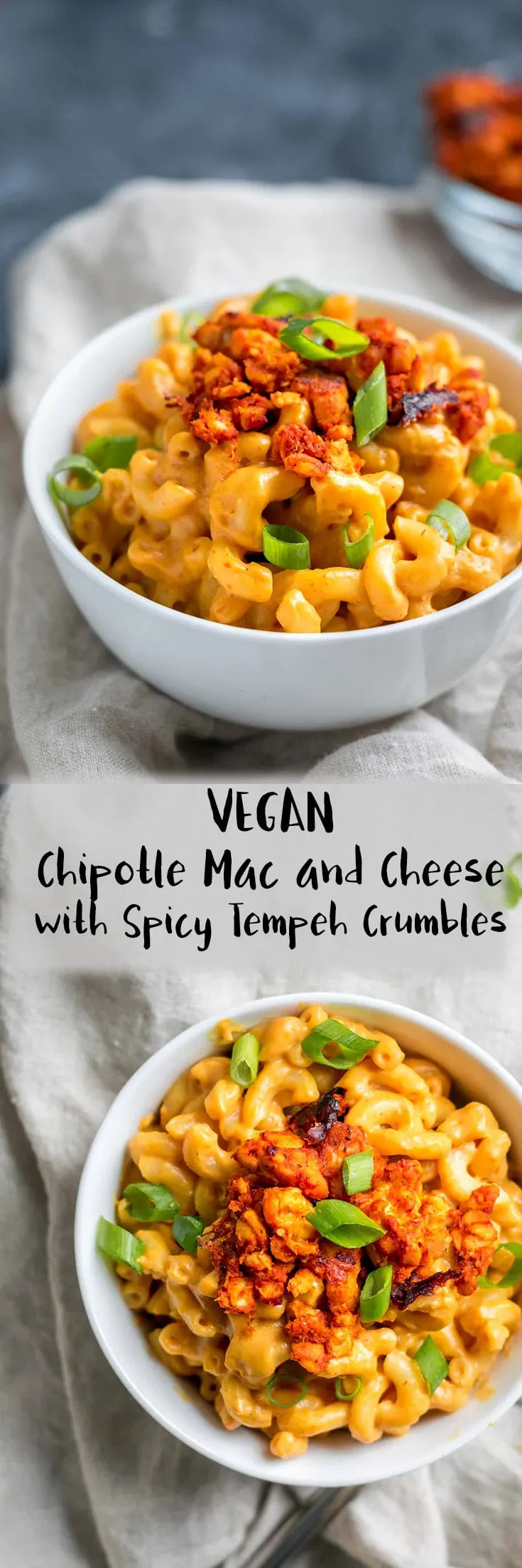 Creamy, smokey and spicy chipotle mac and cheese is topped with spicy chipotle marinated tempeh crumbles and scallion greens in this delicious vegan entree. The recipe is easily made gluten free. | thecuriouschickpea.com #vegan #macandcheese #vegancheese