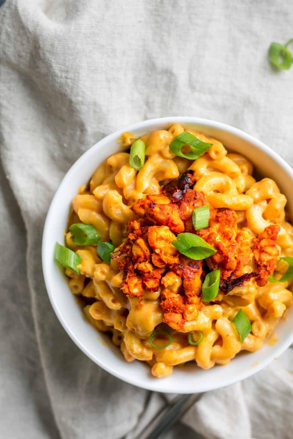 vegan chipotle mac and cheese with spicy tempeh crumbles