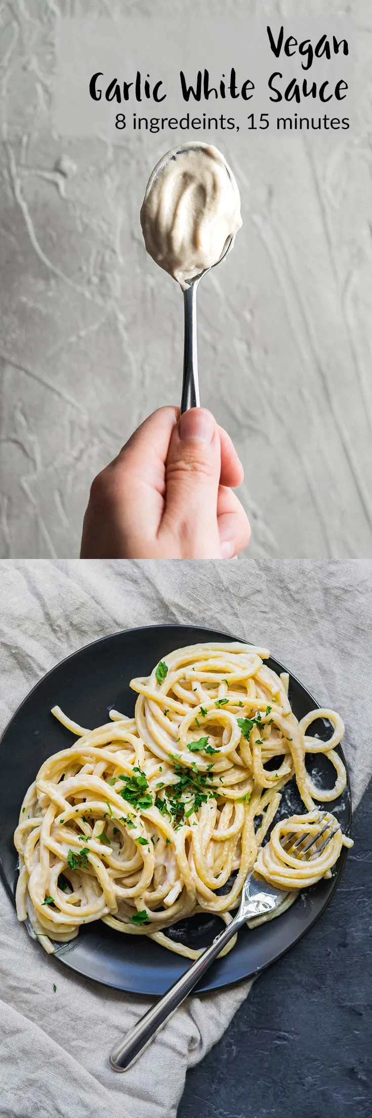 Vegan Garlic White Sauce | A creamy white sauce that's perfect as a base on pizza, as a sauce for pasta, or a dressing for a bowl-style meal, and more! A cashew cream and roux-based vegan sauce. With gluten free and nut free options. | thecuriouschickpea.com #vegan #vegansauce #garlicsauce