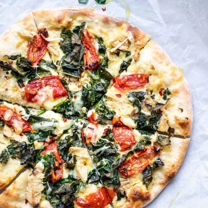 crispy kale roasted tomato vegan chicken white sauce pizza