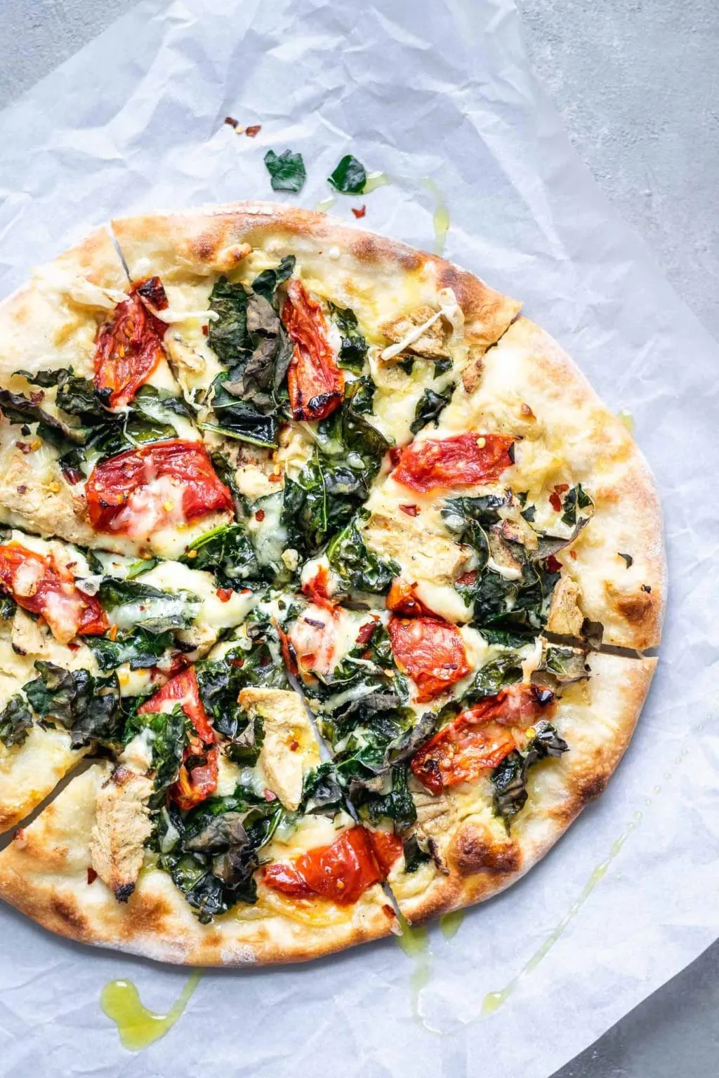 crispy kale roasted tomato vegan chicken white sauce pizza