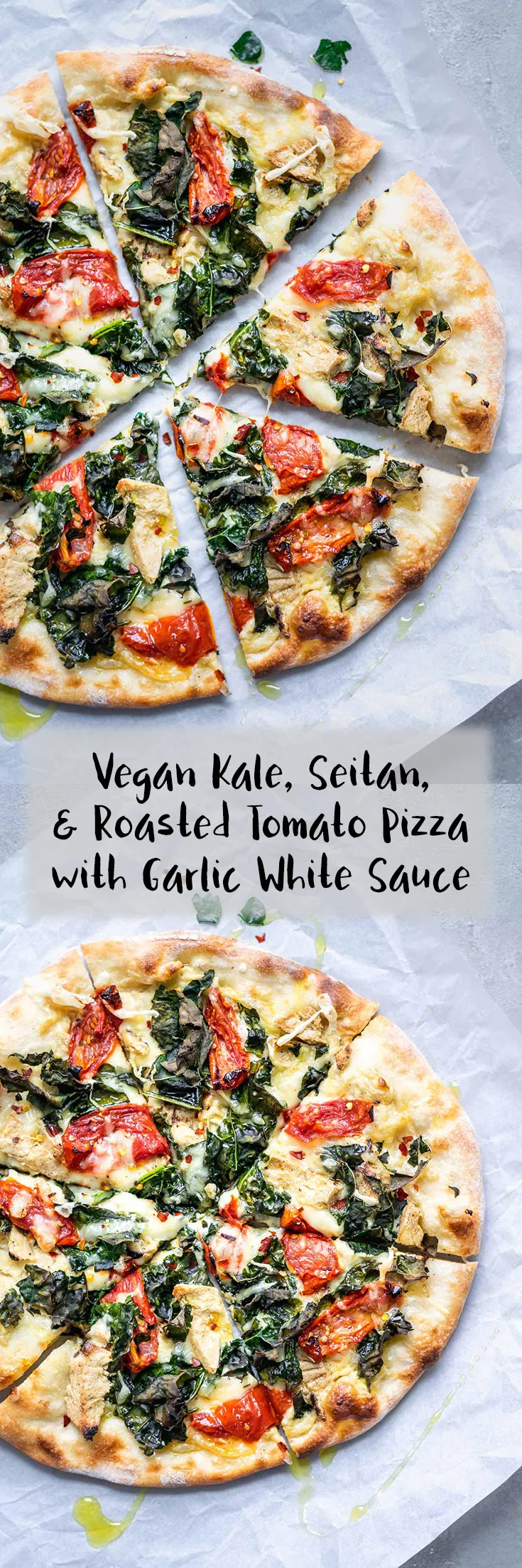 This ultra flavorful vegan pizza has a creamy garlic white sauce base, and is topped with seared seitan chicken, juicy roasted tomatoes, and torn kale which bakes up nice and crispy! | thecuriouschickpea.com #vegan #veganpizza #pizza