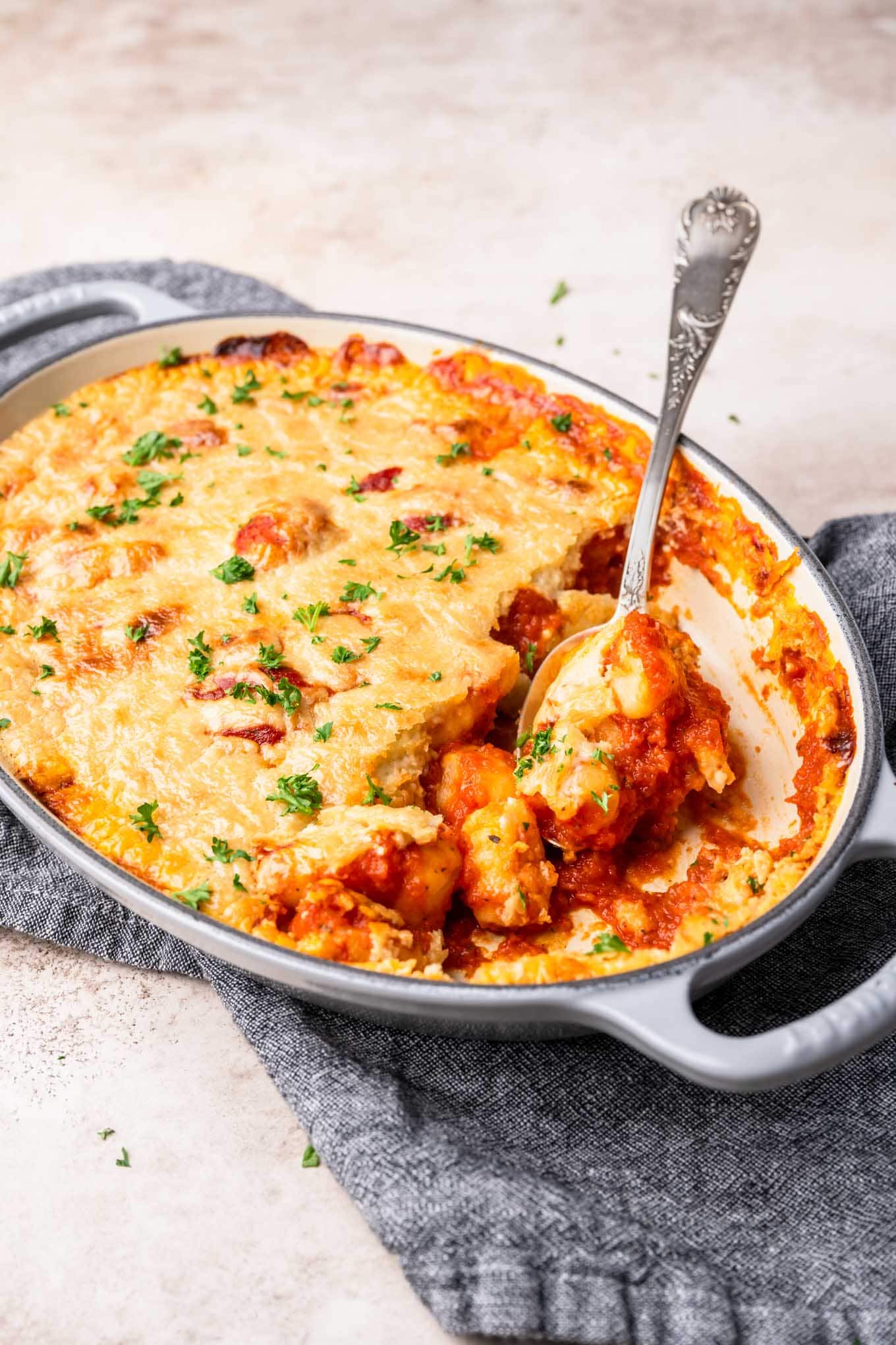 vegan baked gnocchi with some scooped out