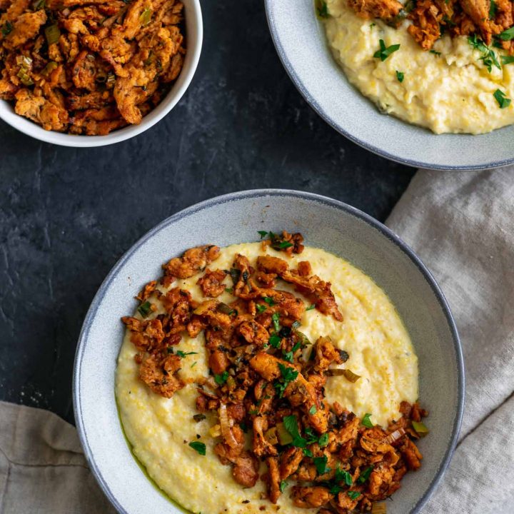 Cajun soy curls and creamy vegan jalapeño grits