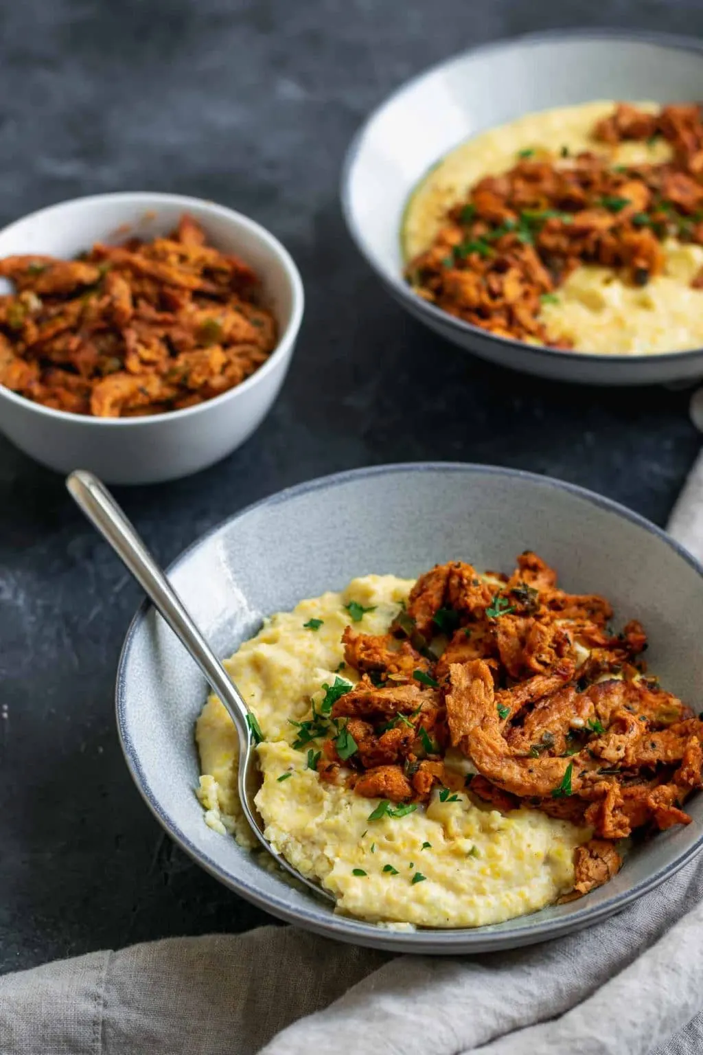 Cajun soy curls and creamy vegan jalapeño grits