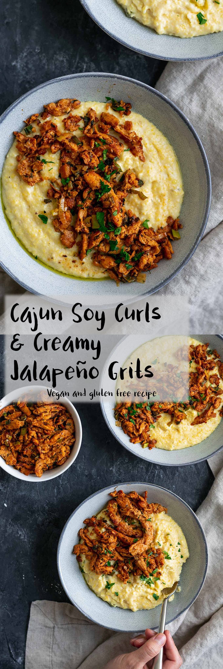 Creamy jalapeño grits are topped with super flavorful cajun-spiced soy curls for the perfect vegan and gluten free brunch. A plant based take on the traditional southern dish cajun shrimp and grits. | thecuriouschickpea #vegan #veganbrunch #brunch #grits #glutenfree