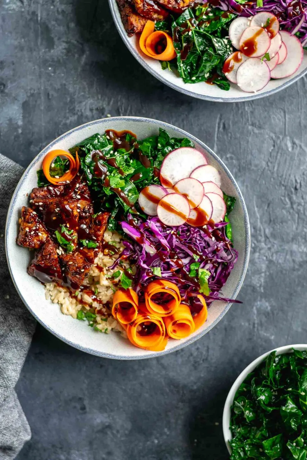 hoisin glazed tempeh bowls with sesame kale and hoisin sauce drizzle