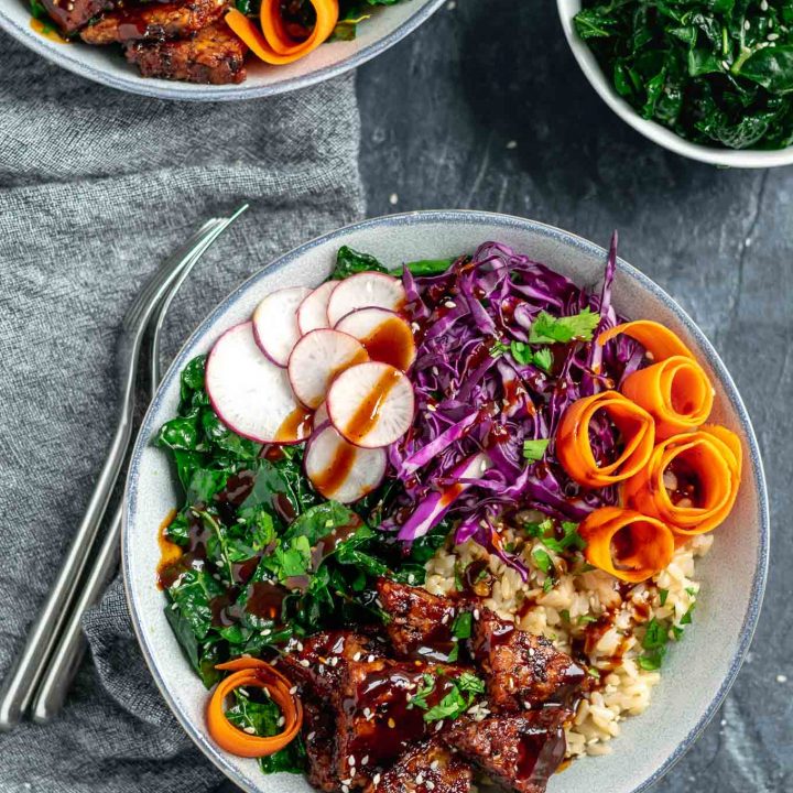 hoisin glazed tempeh bowls with sesame kale and hoisin sauce drizzle