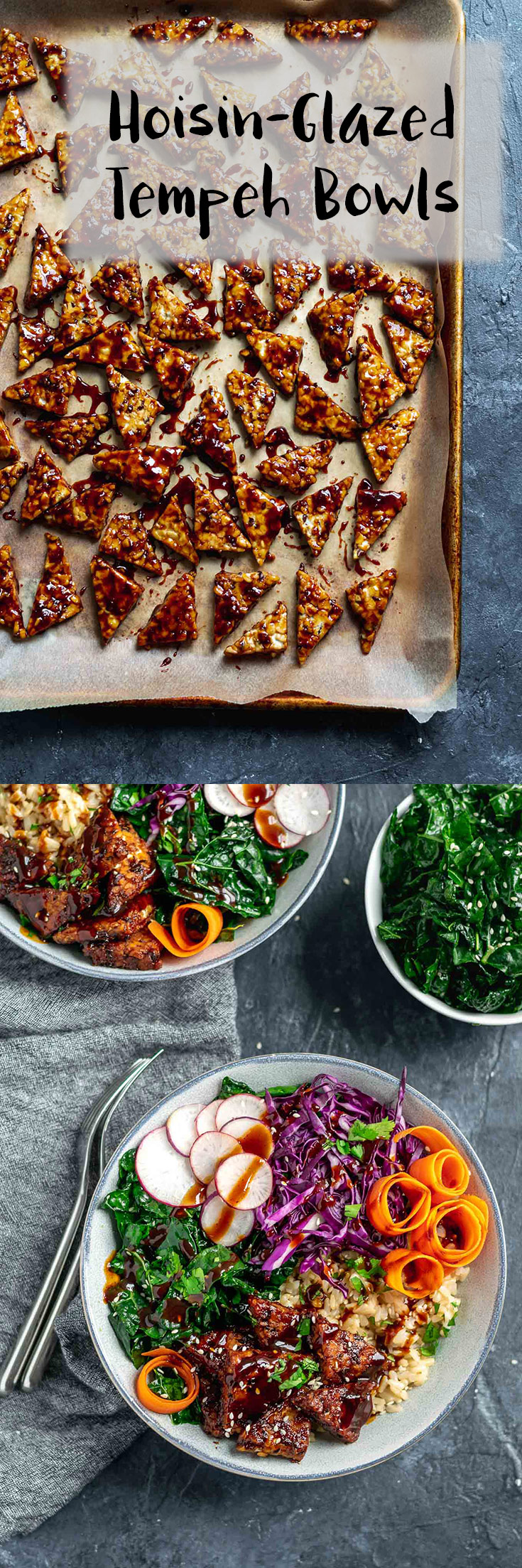 Sticky hoisin-glazed tempeh are served with sesame massaged kale, sweet carrots, crisp radishes, and shaved cabbage, and brown jasmine rice in this healthy and delicious vegan and gluten free buddha bowl | thecuriouschickpea.com #vegan #buddhabowl #tempeh